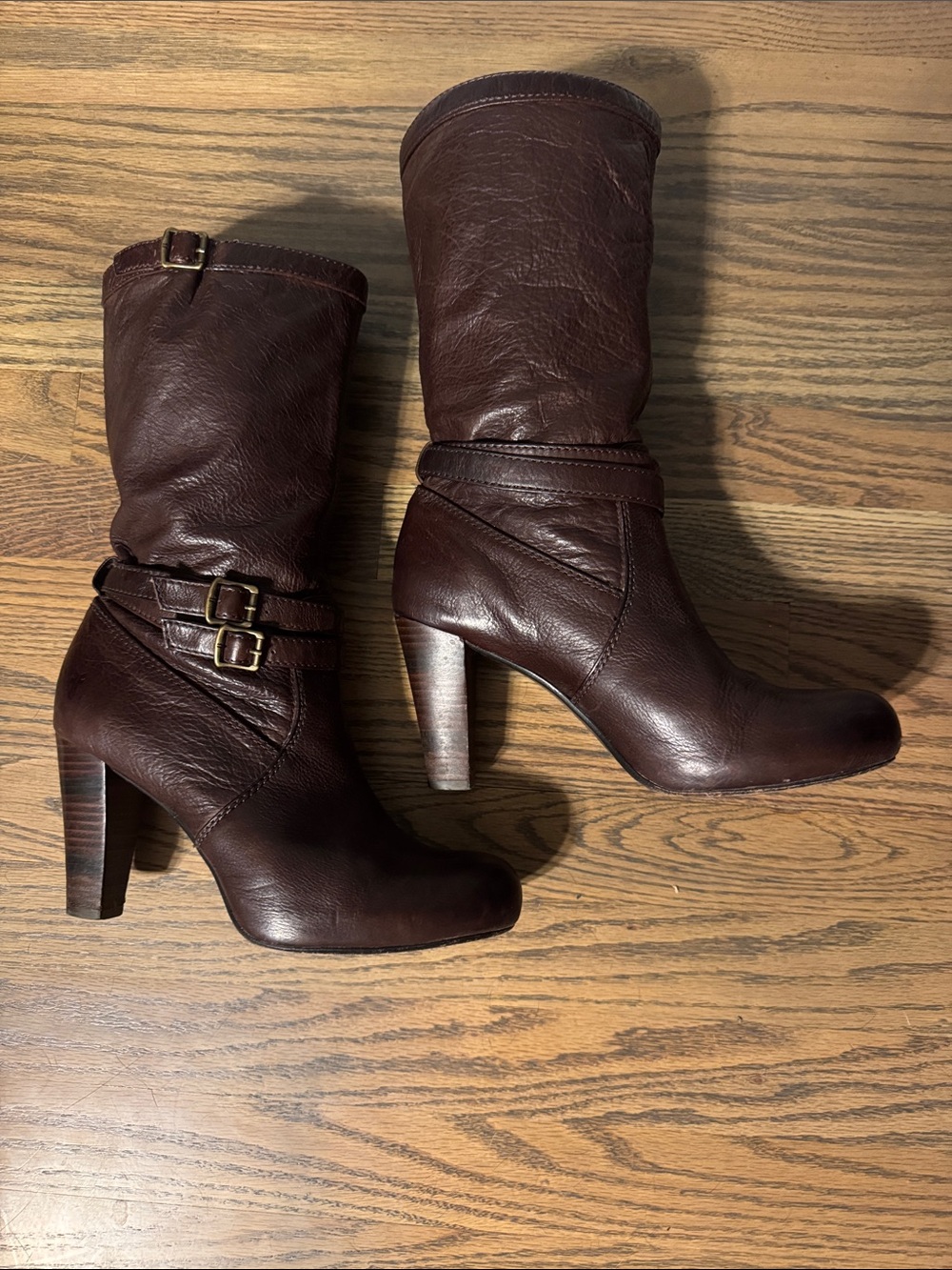 FRYE Dark Brown Leather MIRANDA Mid-Calf Heeled Buckle Boots